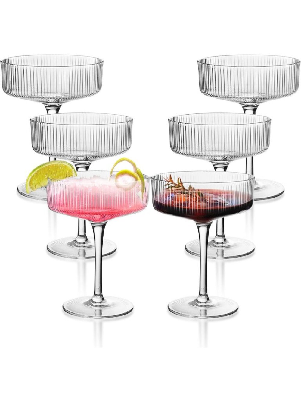 Set of 6 Vintage Ribbed Coupe Glasses - 10 oz Martini & Cocktail Drinkware